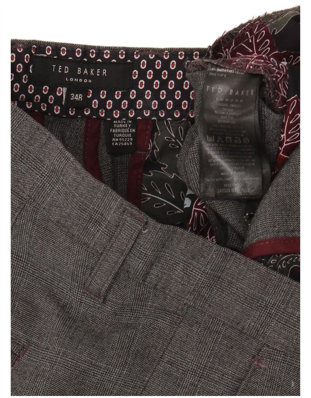 Calça de terno slim masculina TED BAKER W34 L32 poliéster xadrez cinza