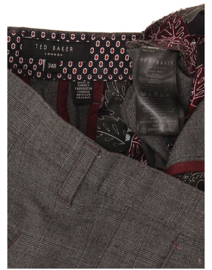 Calça de terno slim masculina TED BAKER W34 L32 poliéster xadrez cinza