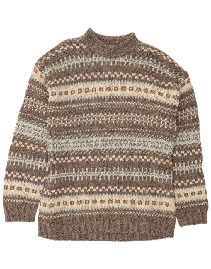 Suéter vintage masculino com gola tartaruga e lã grande cinza Fair Isle