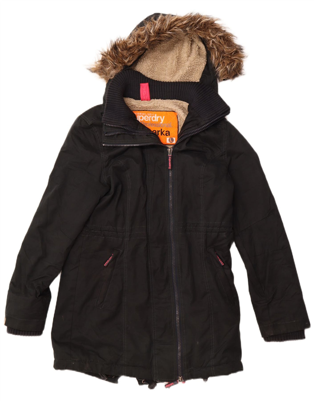 Jaqueta feminina SUPERDRY Windparka com capuz gráfico UK 14 grande preta
