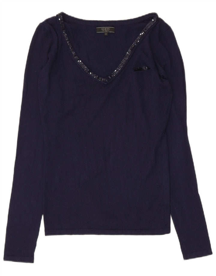 Top feminino Guess de manga comprida UK 10 pequeno azul marinho viscose