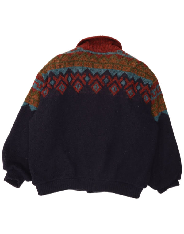 Jaqueta bomber masculina de malha solta Alafoss Reino Unido 42 XL azul marinho lã geométrica