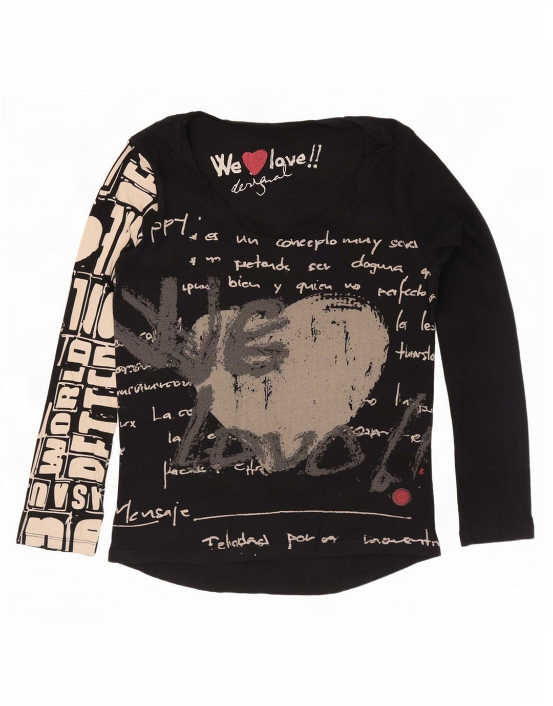 Top gráfico feminino Desigual manga comprida UK 12 algodão preto médio