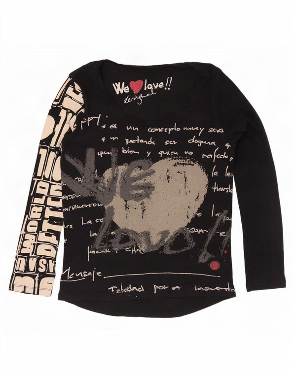 Desigual Womens Graphic Top Long Sleeve UK 12 Medium Black Cotton