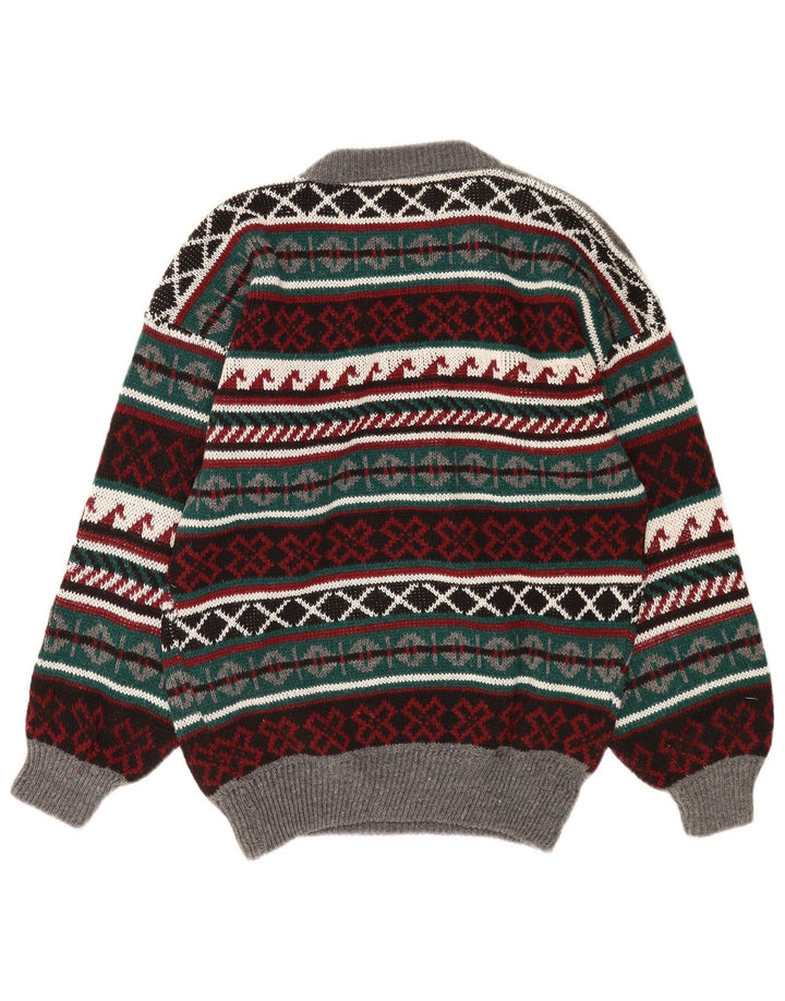 Suéter vintage masculino com gola redonda grande multicolorido Fair Isle