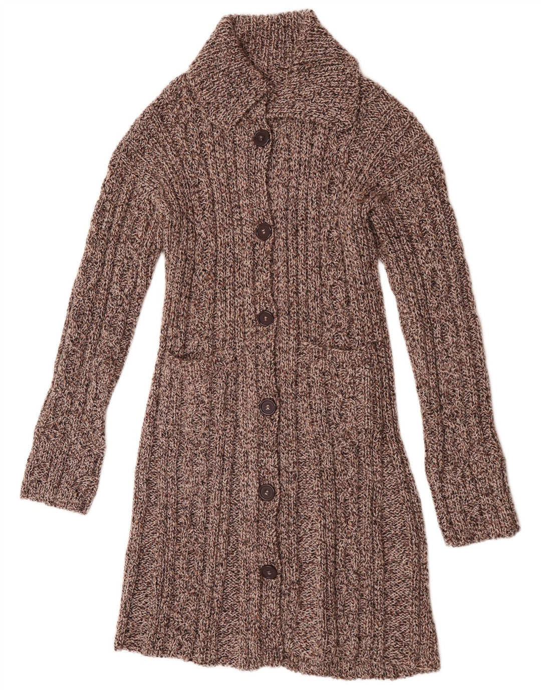 Suéter cardigã feminino vintage longline Reino Unido 14 marrom médio