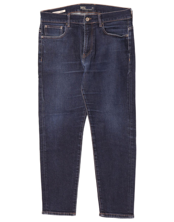 Rifle feminino Rick Crop cintura alta jeans cônicos W32 L26 algodão azul marinho