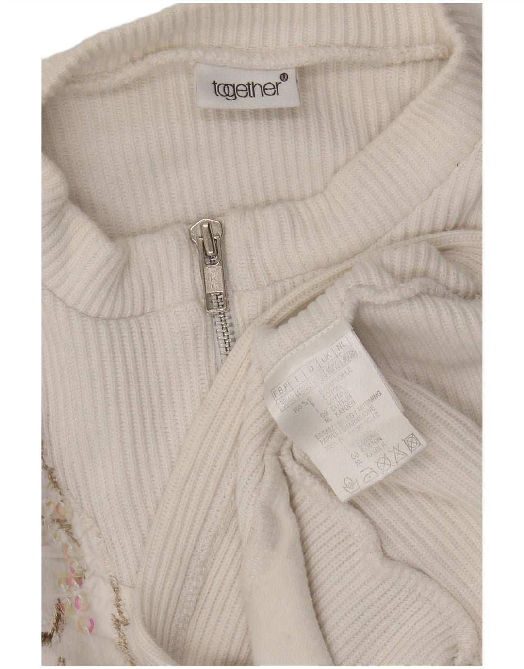 Suéter feminino Together com gola e zíper gráfico Reino Unido 10/12 médio branco
