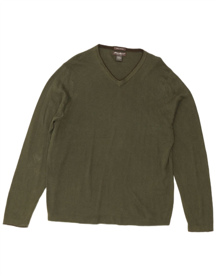 Suéter masculino Eddie Bauer com decote em V, algodão cáqui médio