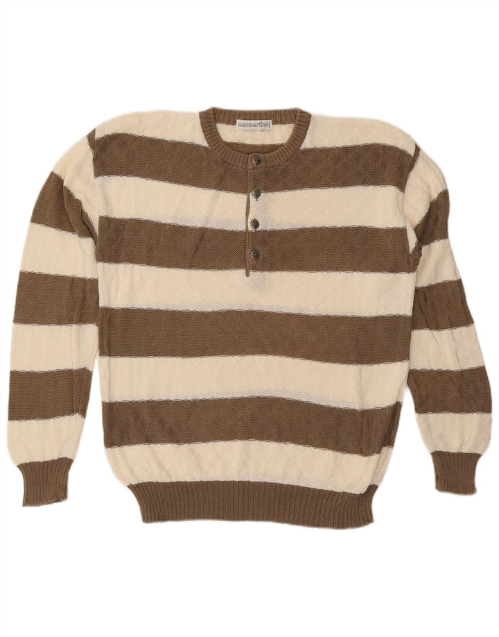 Suéter feminino vintage com gola e botão IT 50 algodão listrado marrom médio