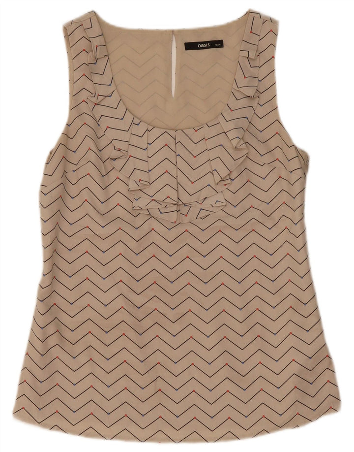 Blusa feminina sem mangas Oasis UK 10 pequena bege geométrica