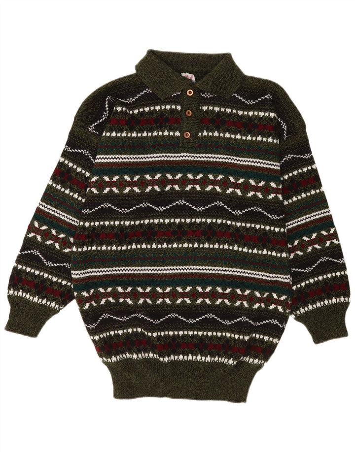 Suéter vintage masculino com gola polo e meio geométrico multicolorido