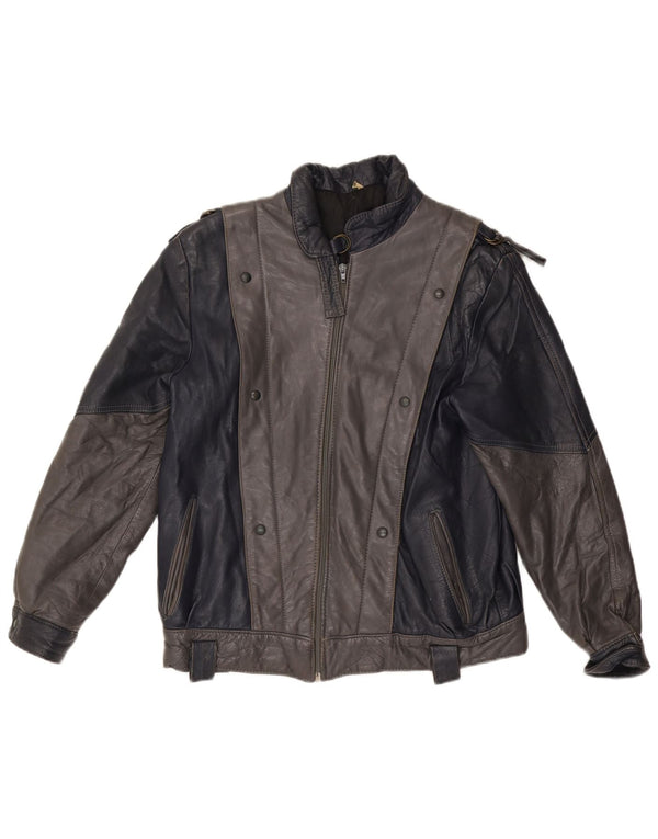 Jaqueta de couro feminina VINTAGE UK 14 bloco colorido cinza médio