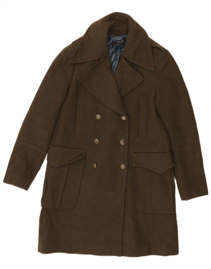Zara Casaco feminino duplo breasted Reino Unido 10 pequeno cáqui