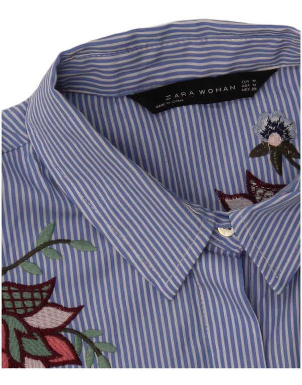 Zara Camisa feminina manga 3/4 Reino Unido 12 risca de giz azul médio
