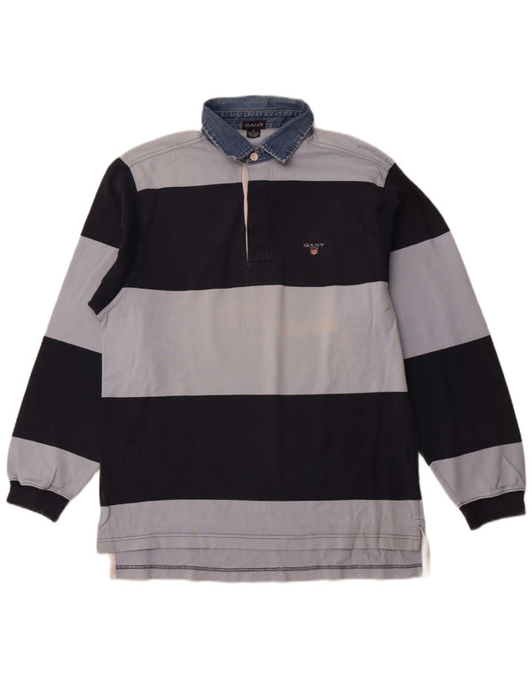 Camisa polo masculina de rugby de manga comprida GANT de algodão listrado azul marinho médio