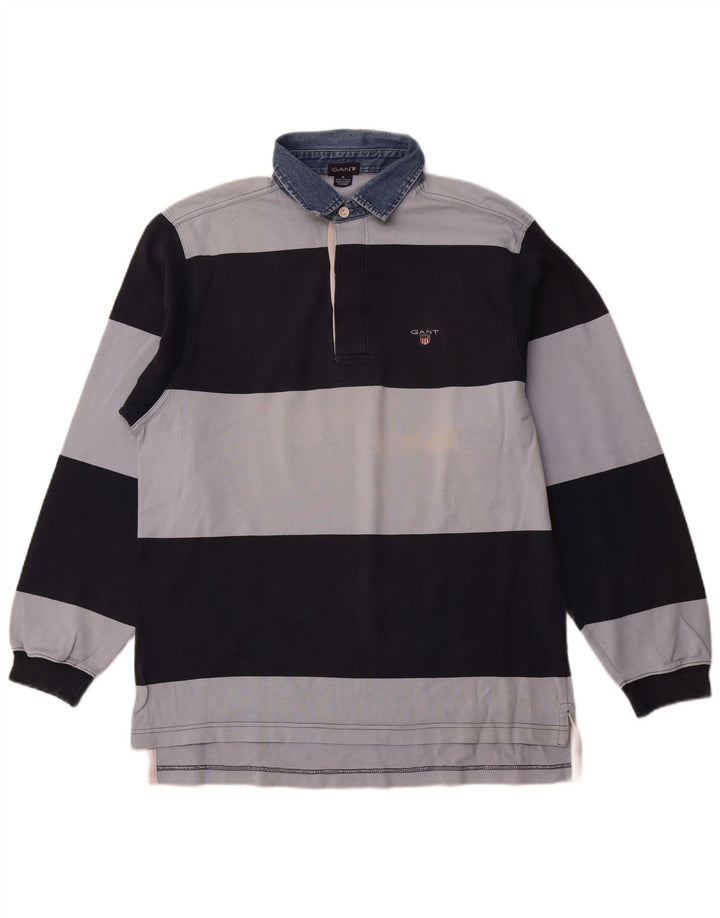 Camisa polo masculina de rugby de manga comprida GANT de algodão listrado azul marinho médio