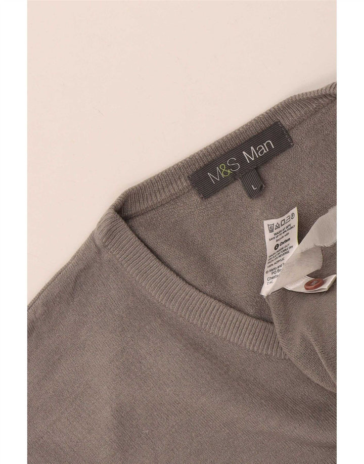Suéter masculino Marks & Spencer com decote em V grande acrílico cinza