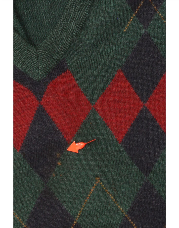 OLD FARWAY Mens V-Neck Jumper Sweater IT 50 Medium Green Argyle/Diamond