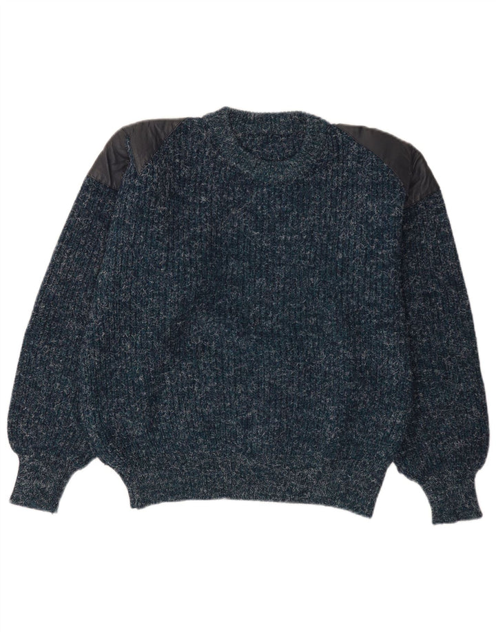 Suéter vintage masculino com gola redonda, lã manchada azul marinho médio