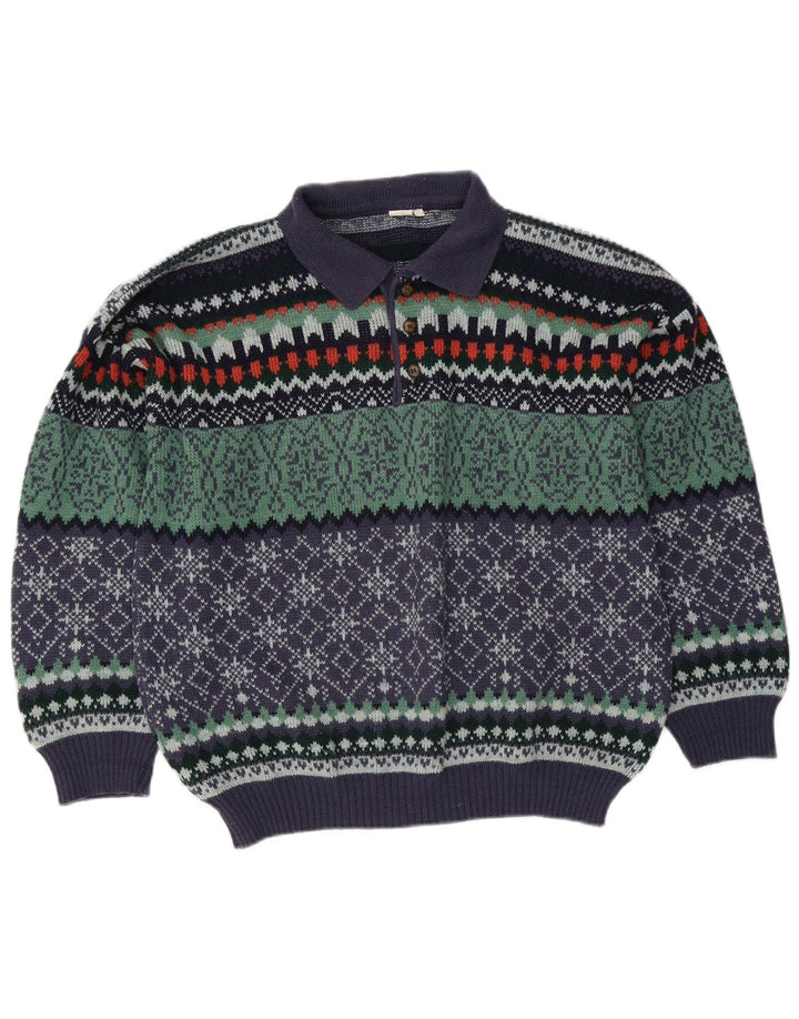Suéter vintage masculino com gola polo IT 50 médio multicolorido Fair Isle