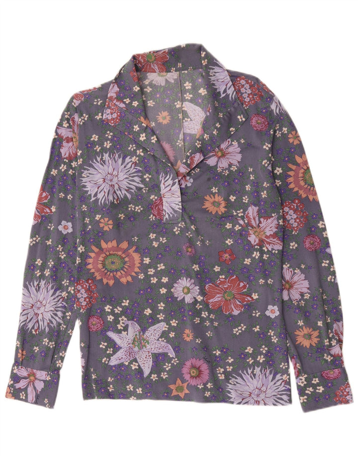 Pulôver feminino vintage de manga comprida UK 14 cinza médio floral