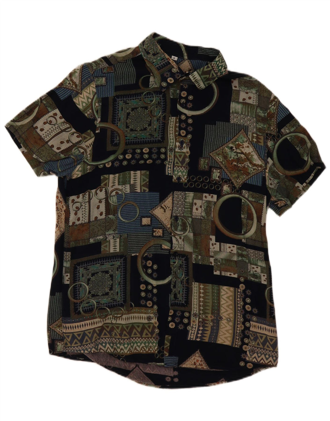 Camisa masculina VINTAGE de manga curta média preta patchwork viscose