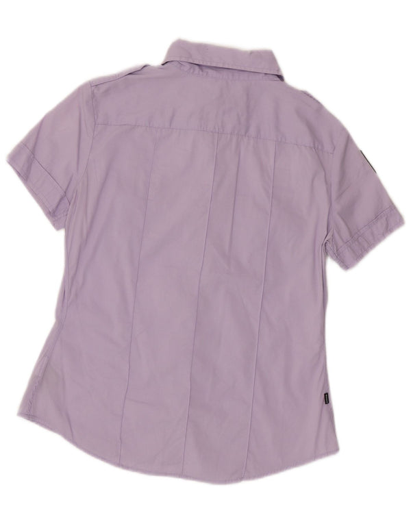 Camisa feminina Blauer com estampa militar de manga curta Reino Unido 12 médio roxo