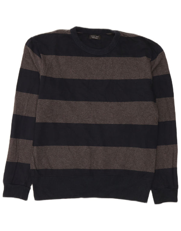 Zara Suéter masculino com gola redonda e algodão listrado azul marinho XL
