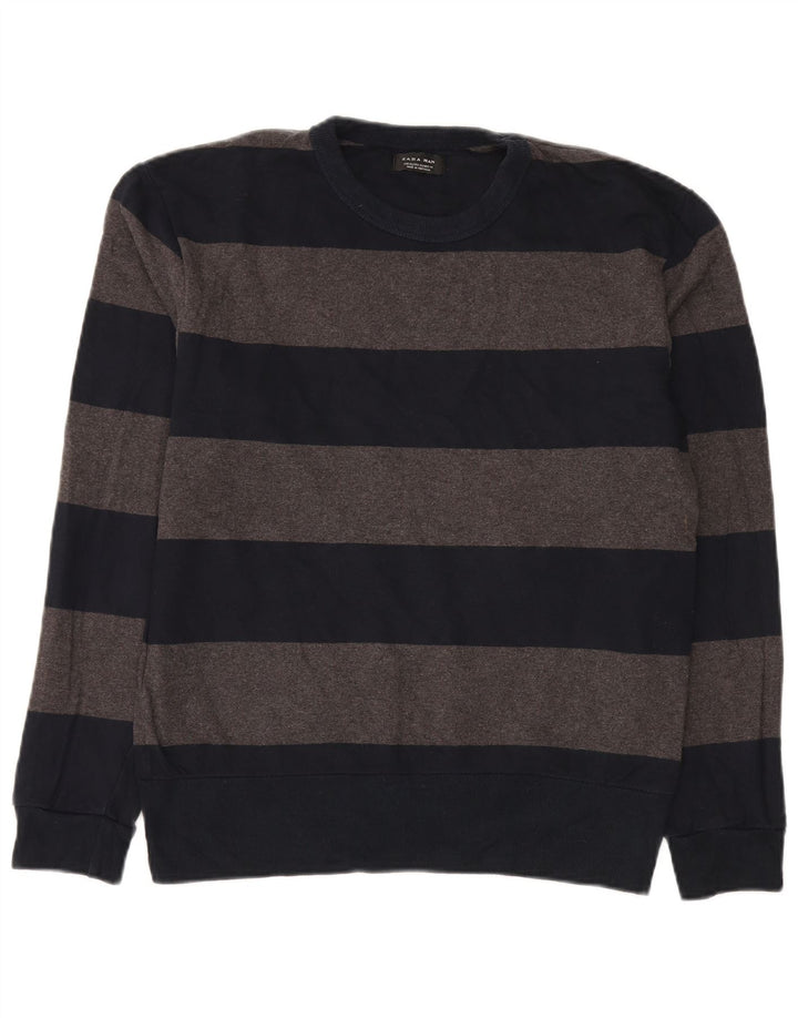 Zara Suéter masculino com gola redonda e algodão listrado azul marinho XL