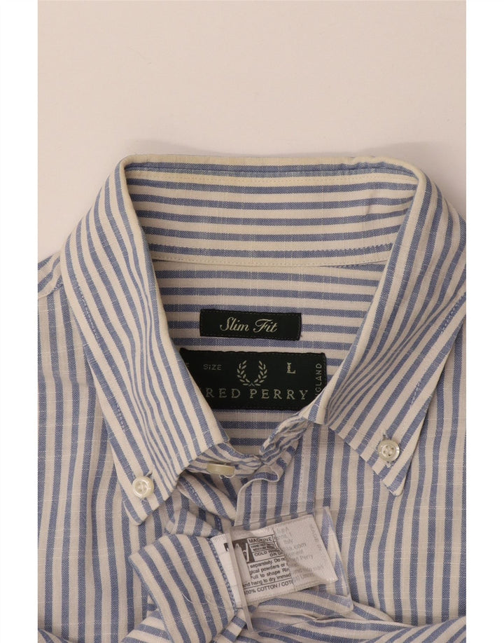 Camisa masculina slim fit Fred Perry grande algodão listrado azul