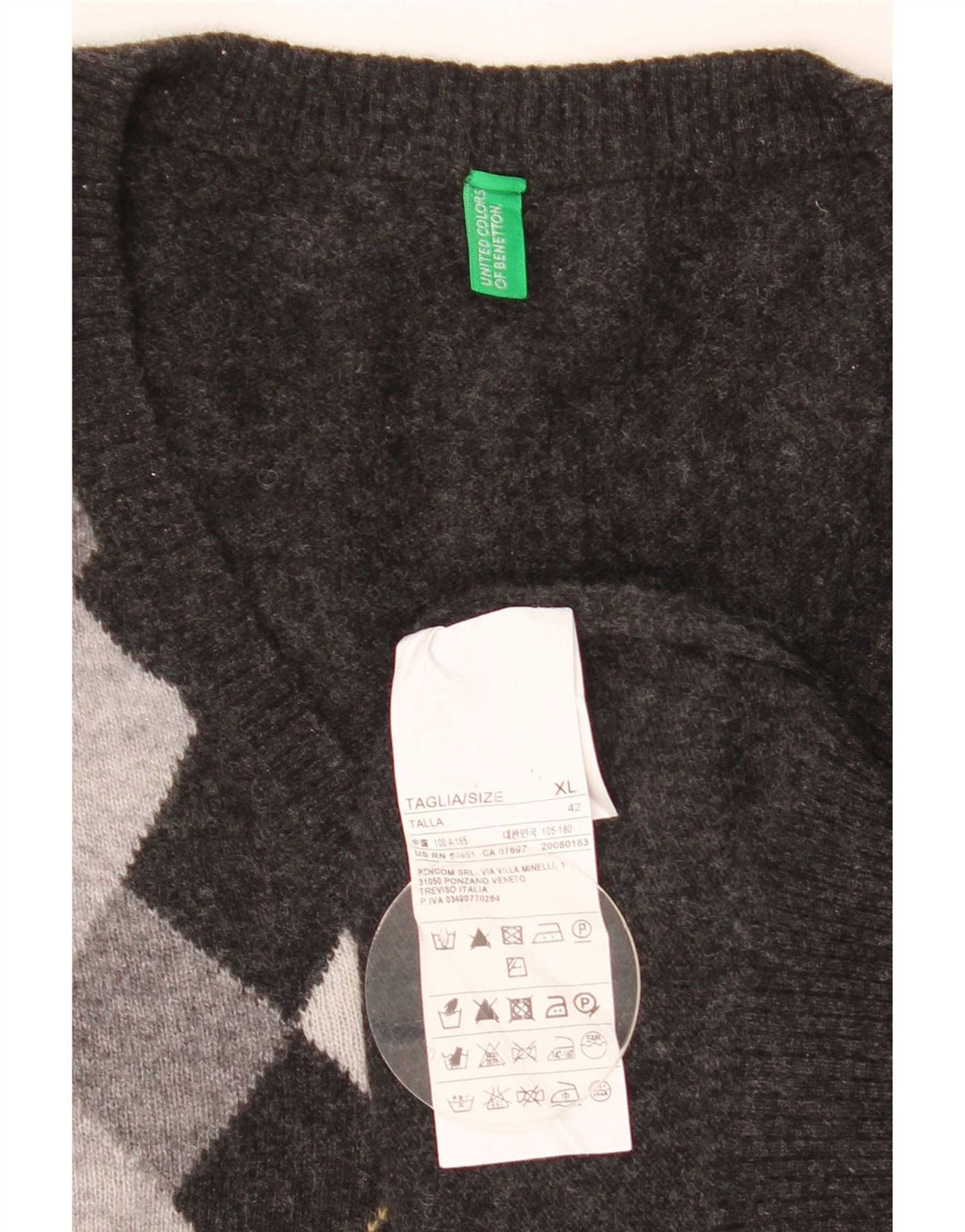 Suéter masculino Benetton com decote em V XL cinza Argyle/lã diamante