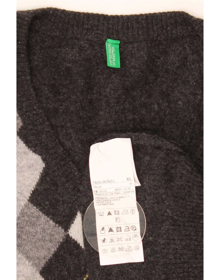 Suéter masculino Benetton com decote em V XL cinza Argyle/lã diamante