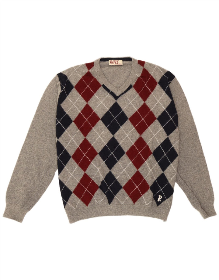 Suéter masculino Rifle com decote em V grande cinza Argyle/lã diamante