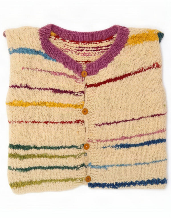 Vintage Womens Sleeveless Cardigan Sweater UK 18 XL Off White Striped