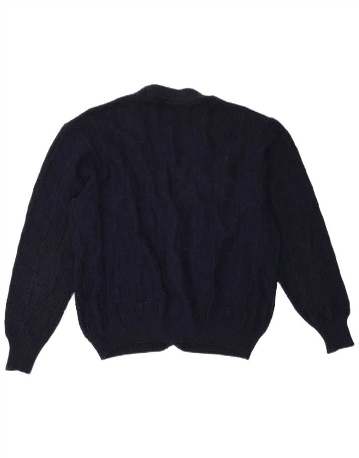 Suéter cardigã masculino vintage de lã azul marinho médio
