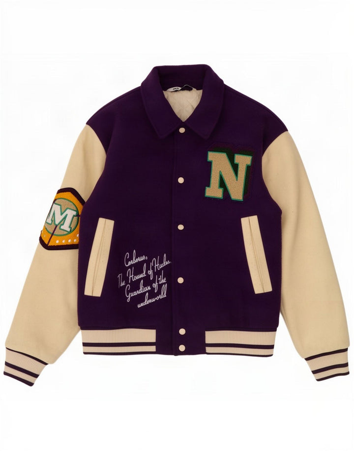 Zara Mens Graphic Varsity Jacket UK 38 Médio Roxo Colourblock Poliéster