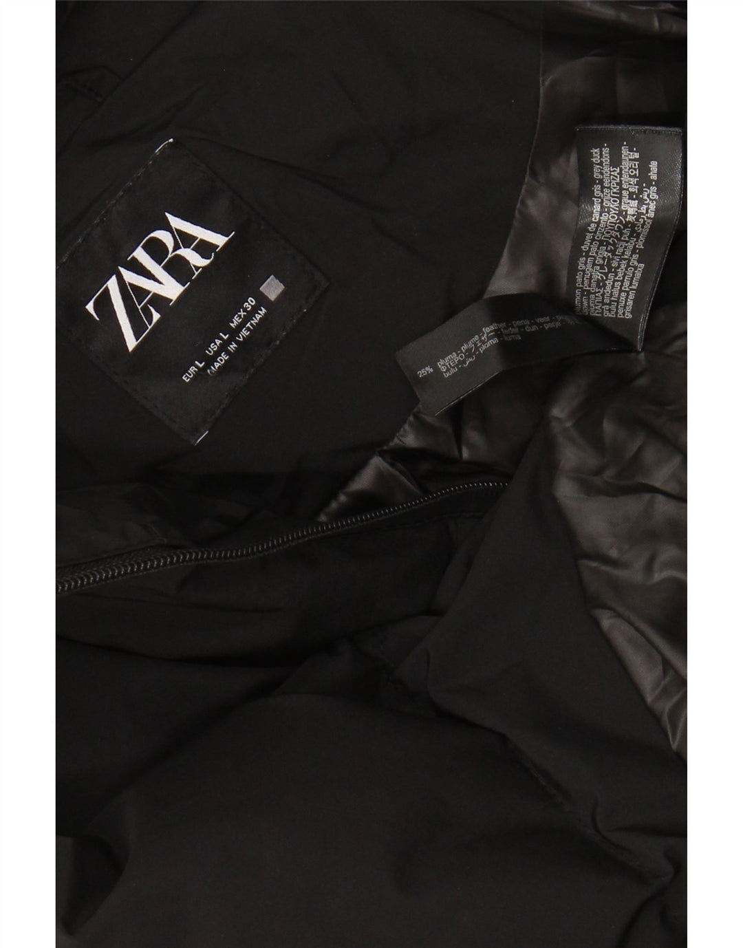 Casaco acolchoado com capuz feminino ZARA UK 16 grande poliéster preto