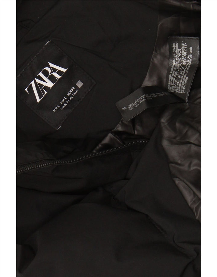 Casaco acolchoado com capuz feminino ZARA UK 16 grande poliéster preto