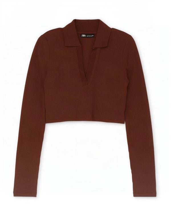Camisa polo feminina Zara Crop manga comprida Reino Unido 8 pequeno algodão marrom