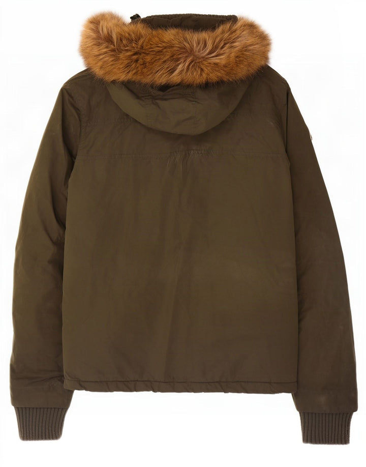 Jaqueta corta-vento feminina Superdry com capuz UK 14 poliéster cáqui médio