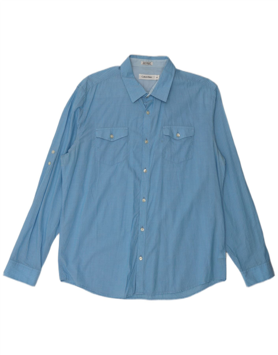 Camisa masculina Calvin Klein listrada azul grande de algodão