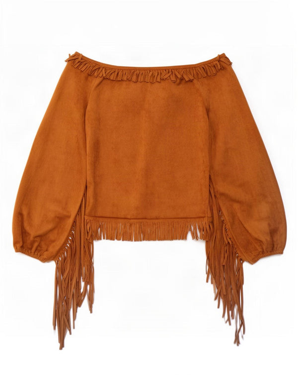 Colheita feminina vintage fora do ombro Top UK 12 poliéster marrom médio