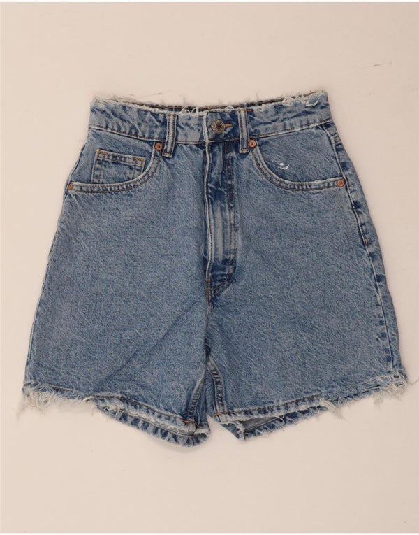 Shorts jeans feminino de cintura alta Zara EU 34 2XS W24 azul algodão