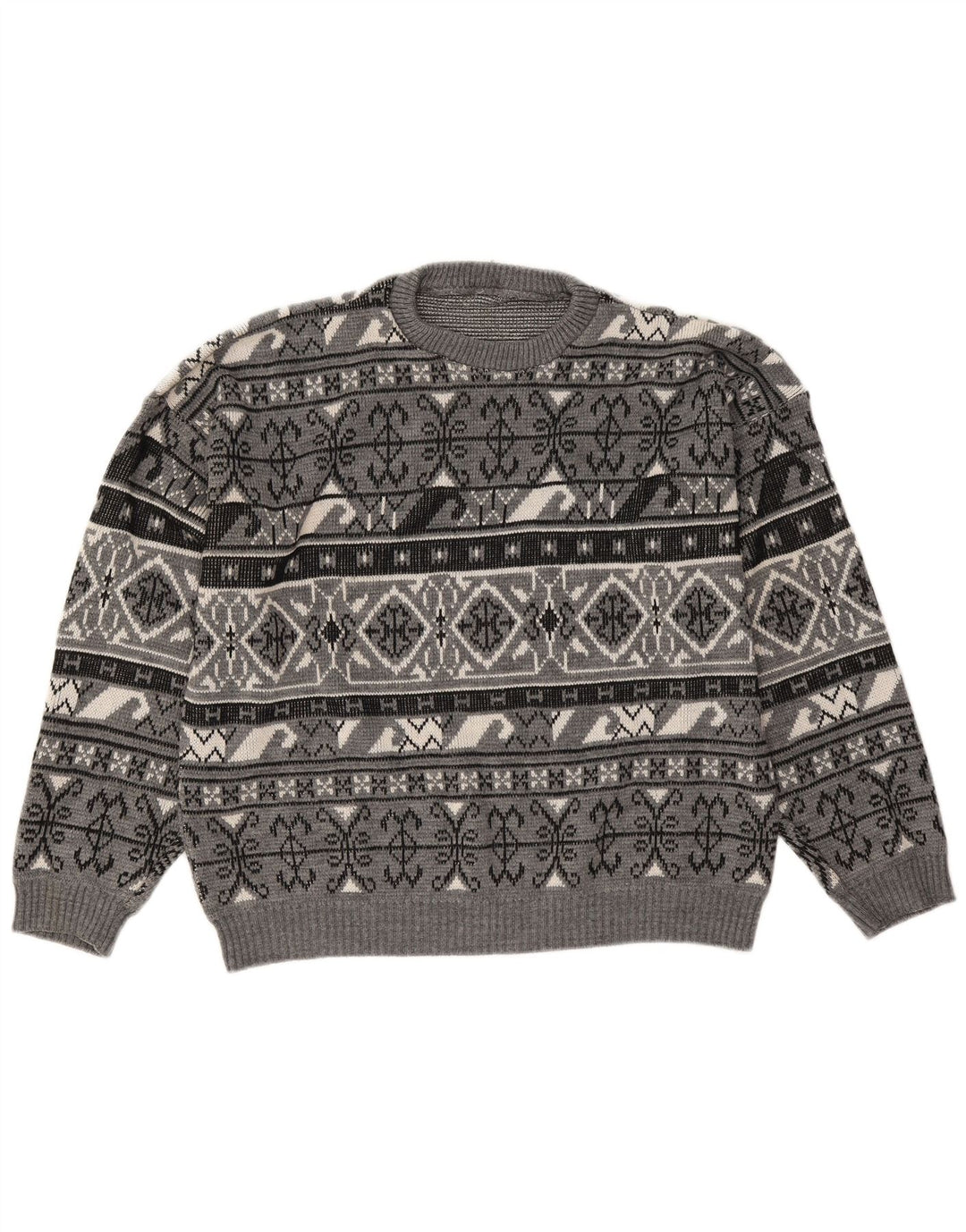 Suéter vintage masculino com gola redonda grande cinza Fair Isle