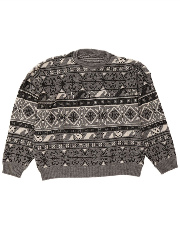 Suéter vintage masculino com gola redonda grande cinza Fair Isle