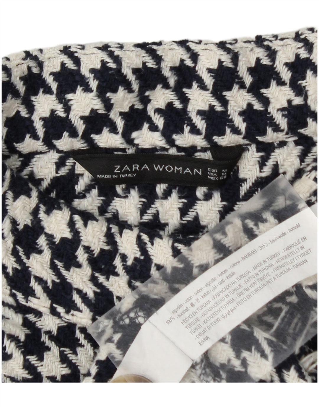 Suéter feminino Zara com gola redonda e botão, Reino Unido 14, médio, azul marinho, houndstooth