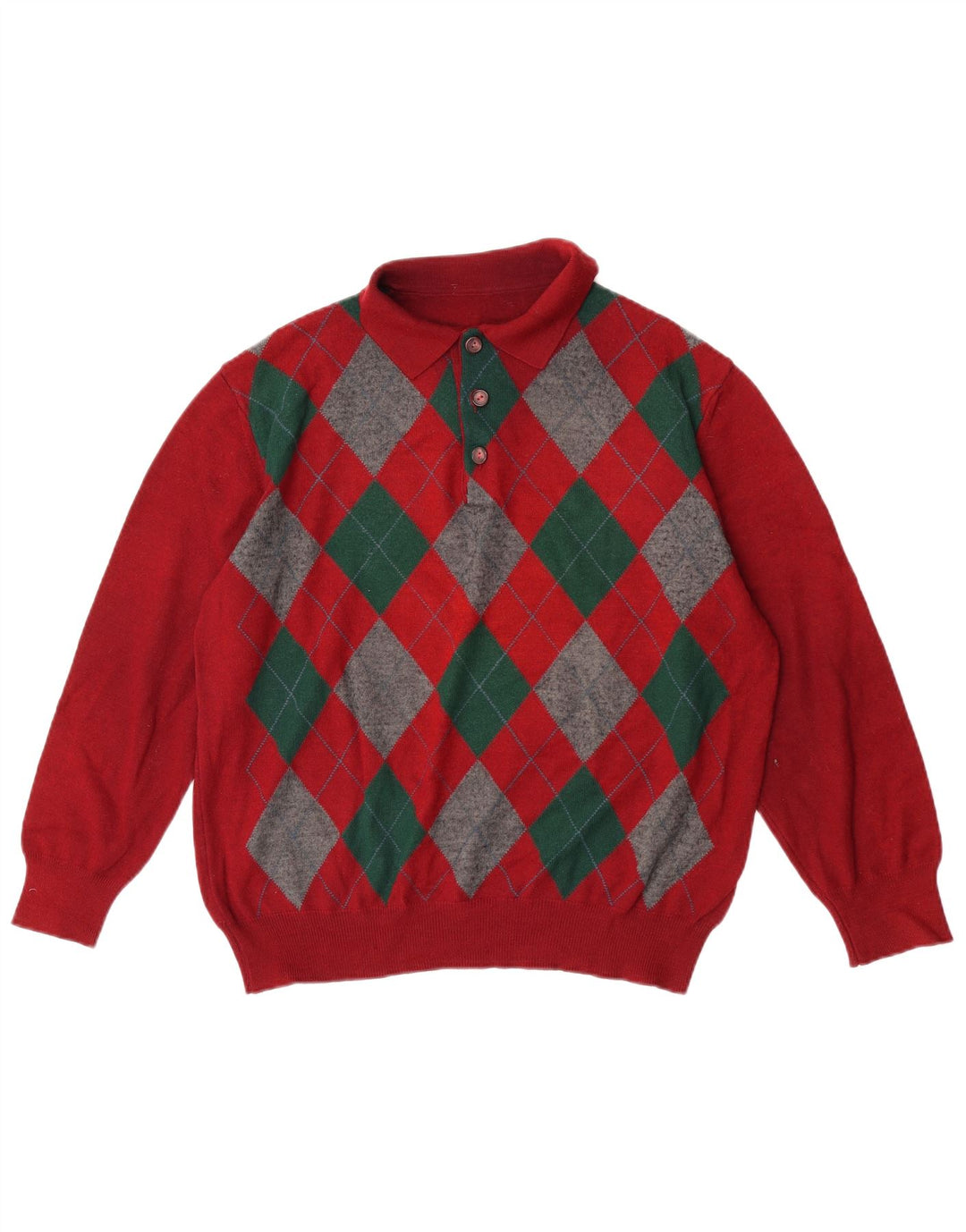 Suéter masculino VINTAGE com gola polo grande vermelho Argyle/Diamante