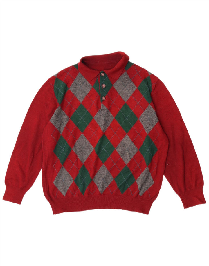 Suéter masculino VINTAGE com gola polo grande vermelho Argyle/Diamante