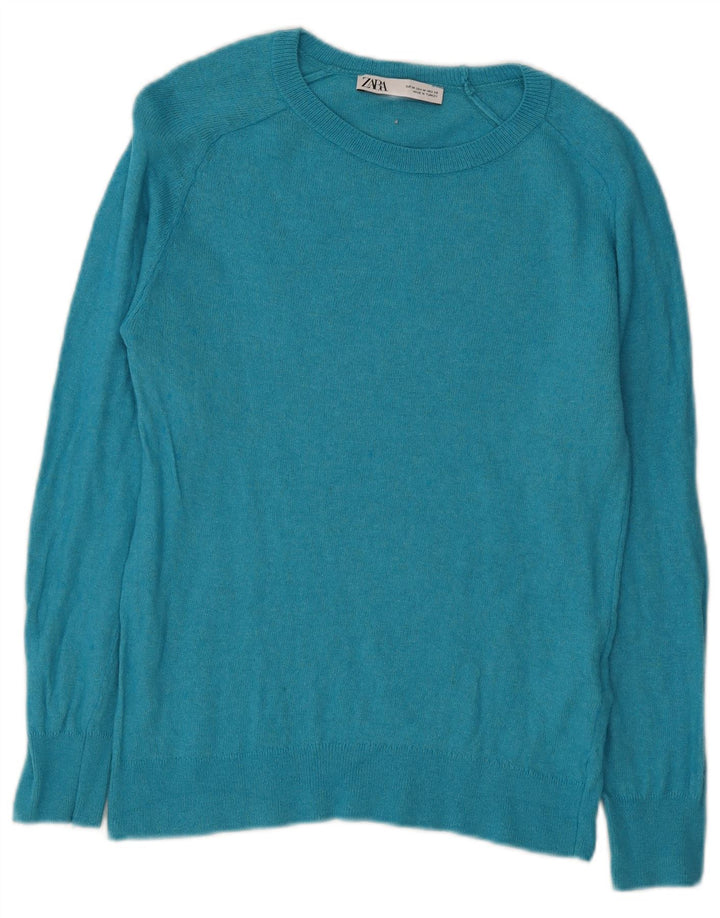 Suéter feminino Zara com gola redonda UK 12 médio turquesa poliamida